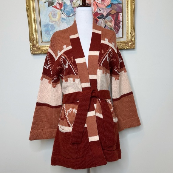 Vintage Sweaters - Vintage 70s Aztec Knit Belted Cardigan Sweater Size Medium